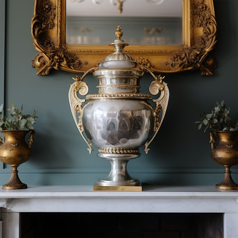 Silver-and-gold-Urn-on-a-mantle-1